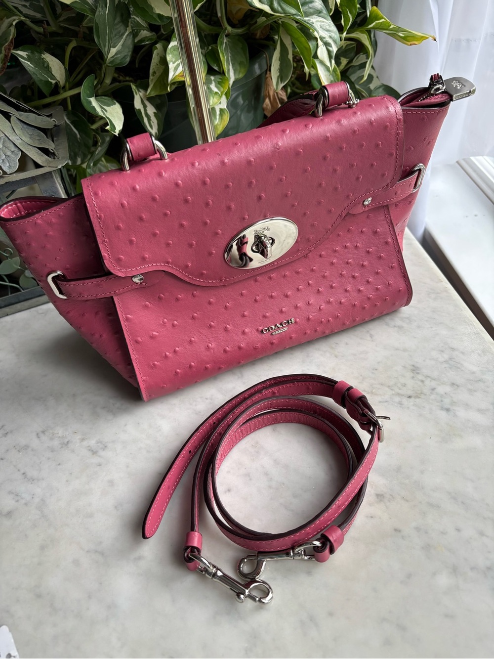Coach Pink Ostrich-Embossed Leather Satchel with Silver Hardware - Picture 8 of 12